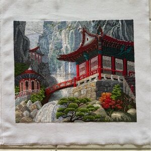 Cross stitch embroidery China, Temple, Waterfall